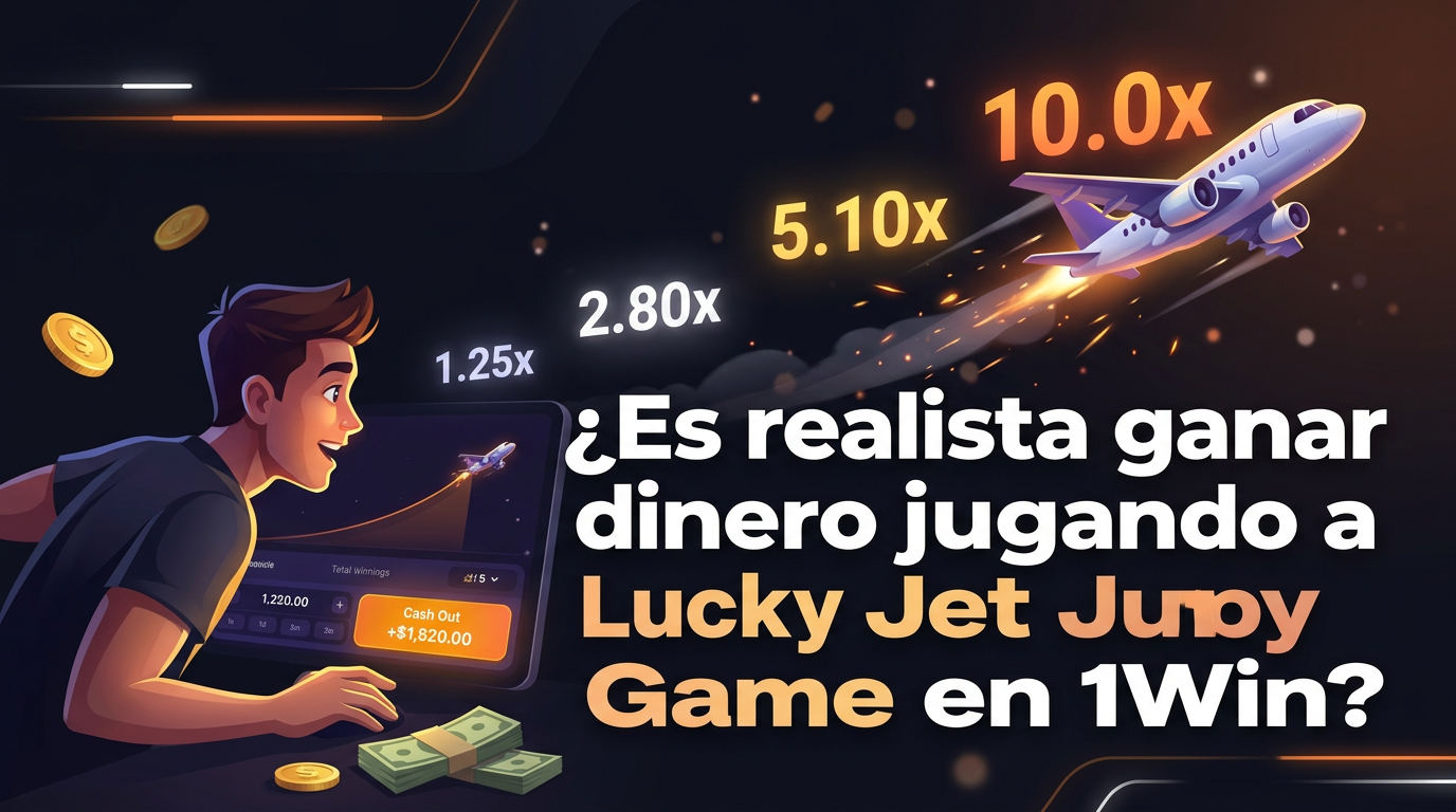 Create a striking, high‑impact banner for the headline “¿Es realista ganar dinero jugando a Lucky Jet Game en 1Win?” The full text must be clearly displayed on the image. Use a dark, modern gaming background with subtle neon accents in orange, yellow, and white to convey energy, risk, and action. Feature an animated Lucky Jet plane soaring upward with glowing multiplier numbers above it, motion trails, and soft particle effects for dynamic feel. Include a stylized player figure (leaning forward in excitement) looking at rising multipliers, coins, and a cash‑out indicator, implying the question of earning real money. Add subtle visual cues for money (gold coins, stacks of cash) without overselling or unrealistic exaggeration. Place the headline prominently: “¿Es realista ganar dinero jugando a Lucky Jet Game en 1Win?” Use bold, modern sans‑serif typography in bright white and warm tones for strong contrast against the dark background. Apply soft cinematic lighting, realistic shadows, and layered depth to separate the elements. Composition should be clean, dynamic, and engaging — 16:9 aspect ratio, polished digital illustration style, no clutter, no generic AI‑style patterns, no watermarks.