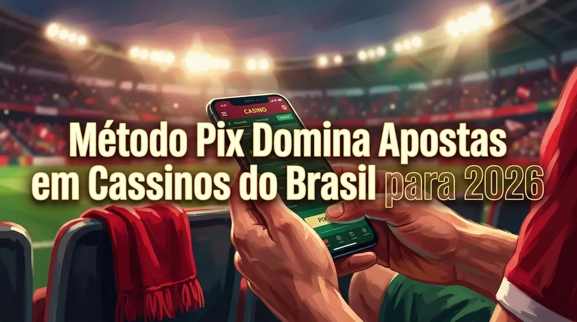 Mãos realizando aposta em cassino móvel com PIX no Brasil.